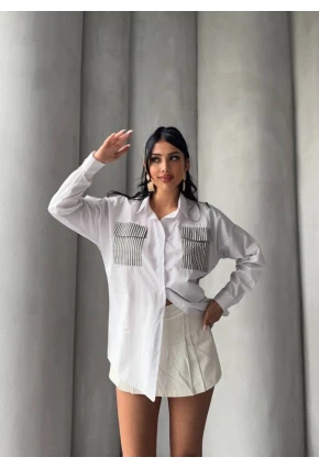 Kadın Sırt ve Cebi Çizgili Bloklu Uzun Kollu Gömlek