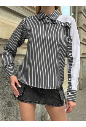 Kadın Siyah Çizgili Kol Asimetrik Düğme Detaylı Gömlek