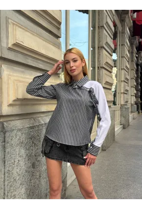 Kadın Siyah Çizgili Kol Asimetrik Düğme Detaylı Gömlek