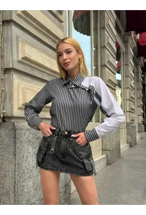 Kadın Siyah Çizgili Kol Asimetrik Düğme Detaylı Gömlek