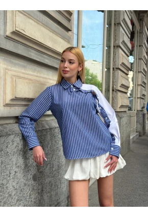 Kadın Siyah Çizgili Kol Asimetrik Düğme Detaylı Gömlek