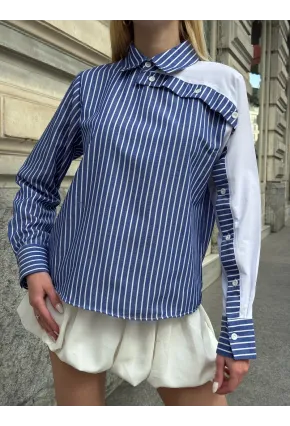 Kadın Siyah Çizgili Kol Asimetrik Düğme Detaylı Gömlek