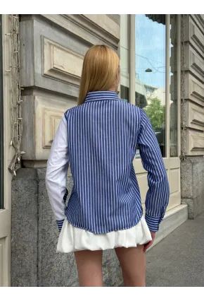 Kadın Siyah Çizgili Kol Asimetrik Düğme Detaylı Gömlek