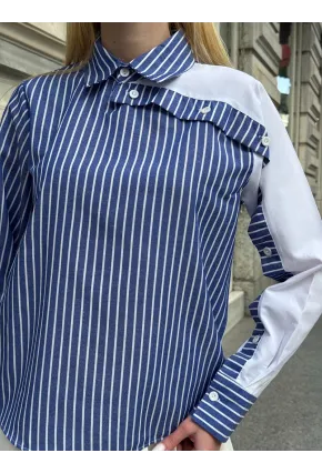 Kadın Siyah Çizgili Kol Asimetrik Düğme Detaylı Gömlek