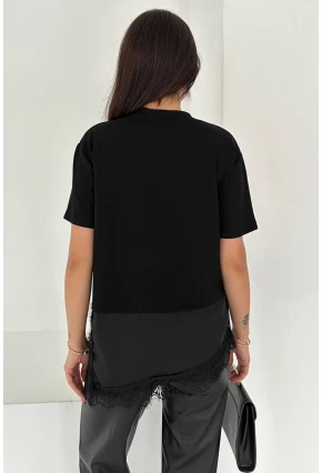 Kadın Siyah Dantel Detaylı T-Shirt