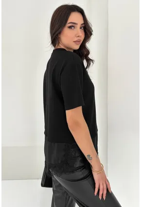 Kadın Siyah Dantel Detaylı T-Shirt