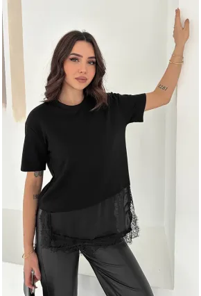 Kadın Siyah Dantel Detaylı T-Shirt