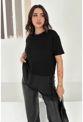 Kadın Siyah Dantel Detaylı T-Shirt