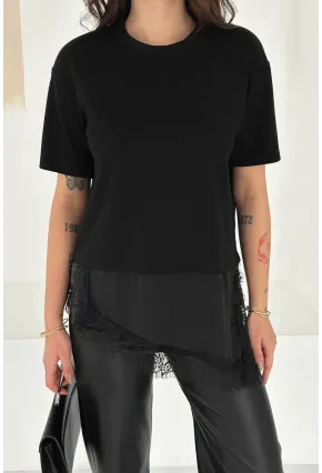 Kadın Siyah Dantel Detaylı T-Shirt