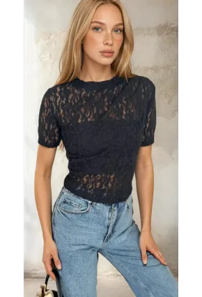 Kadın Siyah Dantel Kısa Kollu Bluz