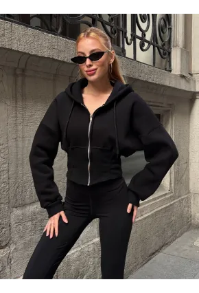 Kadın Siyah Fermuarlı Hoodie Sweatshirt
