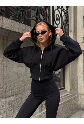 Kadın Siyah Fermuarlı Hoodie Sweatshirt