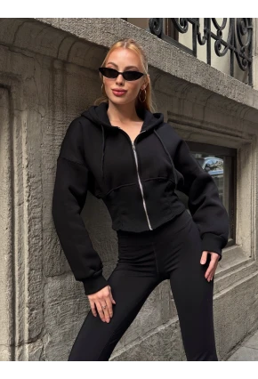 Kadın Siyah Fermuarlı Hoodie Sweatshirt