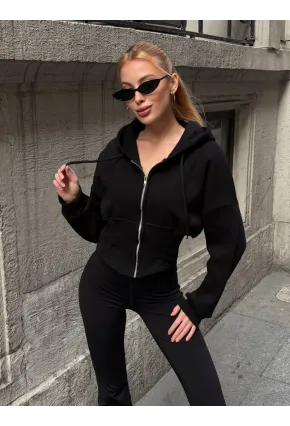 Kadın Siyah Fermuarlı Hoodie Sweatshirt