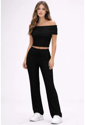 Kadın Siyah Madonna Yaka Bluz Bol Paça Pantolon Alt Üst Takım