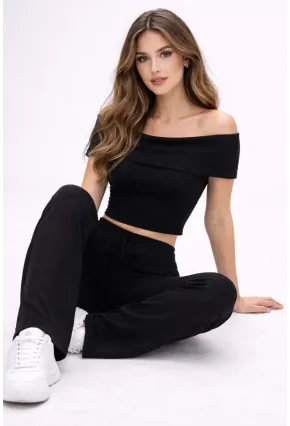 Kadın Siyah Madonna Yaka Bluz Bol Paça Pantolon Alt Üst Takım