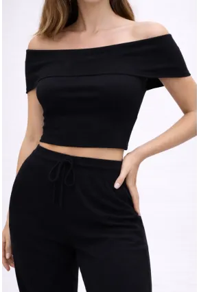 Kadın Siyah Madonna Yaka Bluz Bol Paça Pantolon Alt Üst Takım