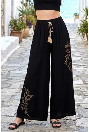Kadın Siyah Nakışlı Bol Paça Pantolon