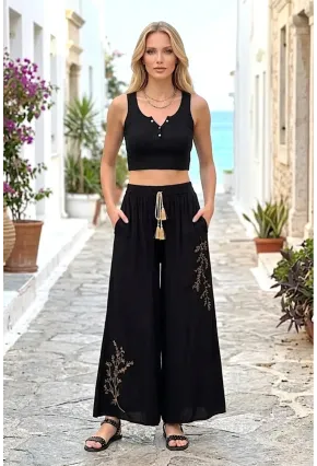 Kadın Siyah Nakışlı Bol Paça Pantolon