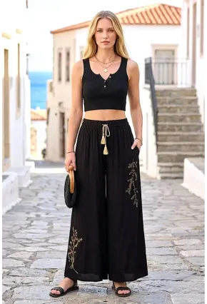Kadın Siyah Nakışlı Bol Paça Pantolon