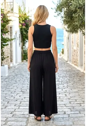 Kadın Siyah Nakışlı Bol Paça Pantolon