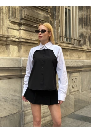 Kadın Siyah Renk Bloklu Uzun Kollu Oversize Gömlek
