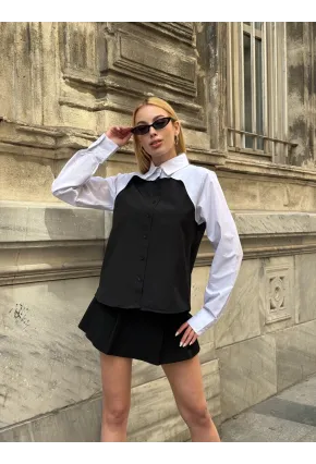 Kadın Siyah Renk Bloklu Uzun Kollu Oversize Gömlek