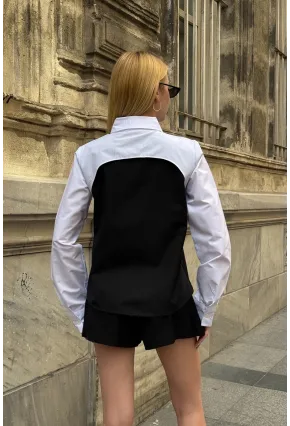 Kadın Siyah Renk Bloklu Uzun Kollu Oversize Gömlek