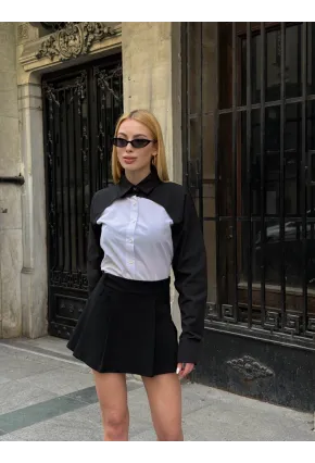 Kadın Siyah Renk Bloklu Uzun Kollu Oversize Gömlek