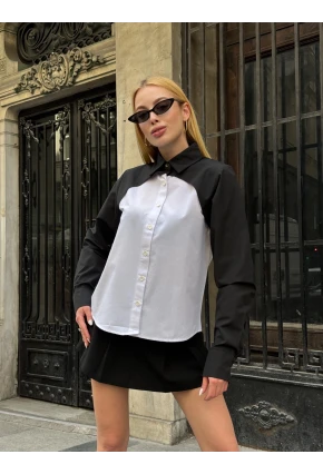 Kadın Siyah Renk Bloklu Uzun Kollu Oversize Gömlek