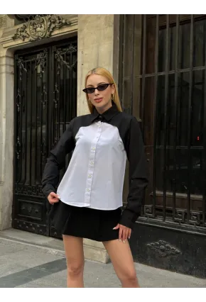 Kadın Siyah Renk Bloklu Uzun Kollu Oversize Gömlek