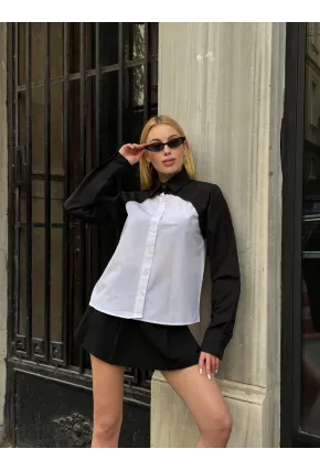 Kadın Siyah Renk Bloklu Uzun Kollu Oversize Gömlek