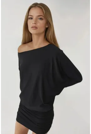 Kadın Siyah Tek Omuz Yarasa Kol Drapeli Mini Elbise