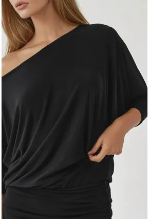 Kadın Siyah Tek Omuz Yarasa Kol Drapeli Mini Elbise