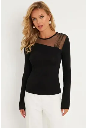 Kadın Siyah Tül Detaylı Bluz