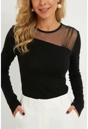 Kadın Siyah Tül Detaylı Bluz