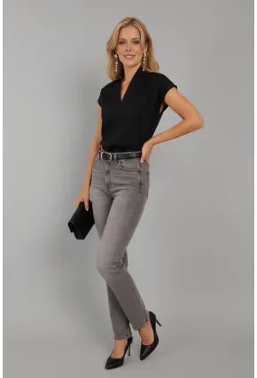 Kadın Siyah V Yaka Bluz EY2742