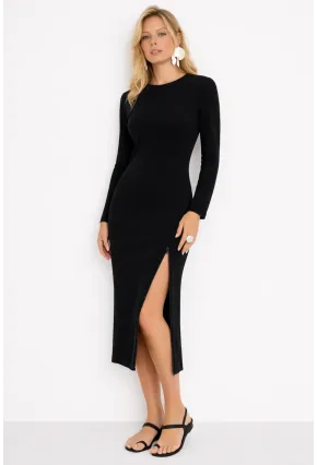 Kadın Siyah Yanı Fermuarlı Kaşkorse Midi Elbise CHB53