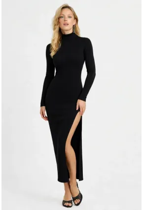 Kadın Siyah Yarım Balıkçı Tek Yırtmaçlı Kaşkorse Midi Elbise