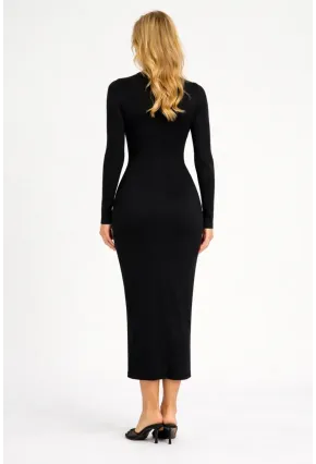 Kadın Siyah Yarım Balıkçı Tek Yırtmaçlı Kaşkorse Midi Elbise