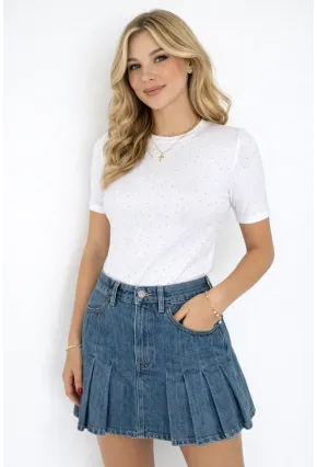 Kadın Taş Detaylı Kısa Kollu T-shirt Beyaz