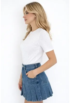 Kadın Taş Detaylı Kısa Kollu T-shirt Beyaz