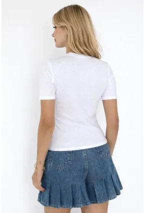 Kadın Taş Detaylı Kısa Kollu T-shirt Beyaz