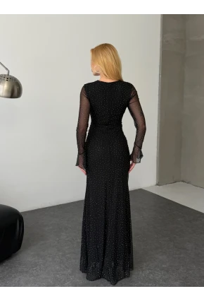 Kadın Taş İşleme Full Likralı Maxi Boy Elbise Siyah