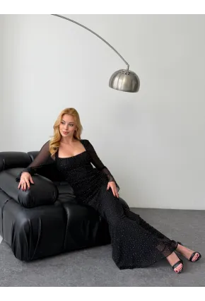 Kadın Taş İşleme Full Likralı Maxi Boy Elbise Siyah