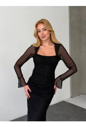 Kadın Taş İşleme Full Likralı Maxi Boy Elbise Siyah