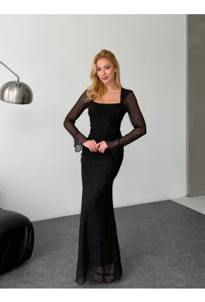 Kadın Taş İşleme Full Likralı Maxi Boy Elbise Siyah