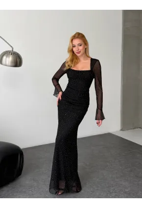 Kadın Taş İşleme Full Likralı Maxi Boy Elbise Siyah