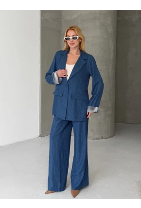 Kadın Tensel Kumaş Blazer Ceket Pantolon Takım – Mavi CLV244