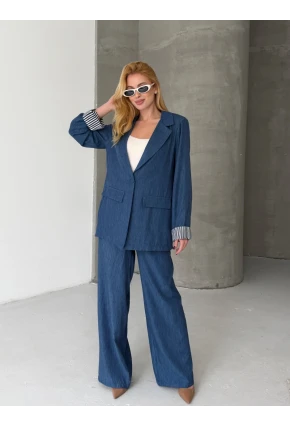 Kadın Tensel Kumaş Blazer Ceket Pantolon Takım – Mavi CLV244